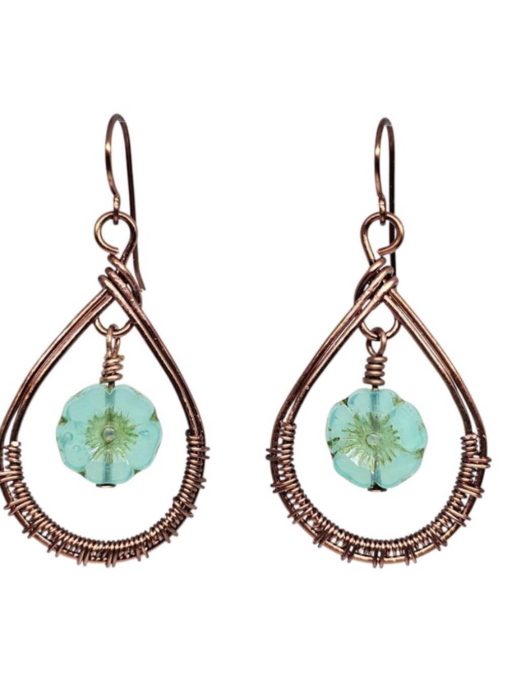Handmade Aqua Green Czech Floral Copper Wire Wrap Hoop Boho Dangle Earrings